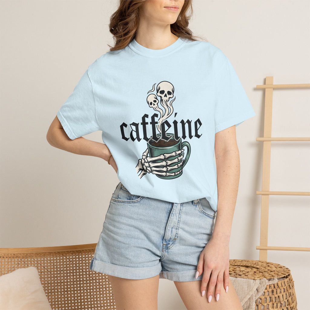 Skull Hand Coffee Mug Spooky T-Shirt – Halloween Horror Caffeine Lover, Unisex Graphic Tee