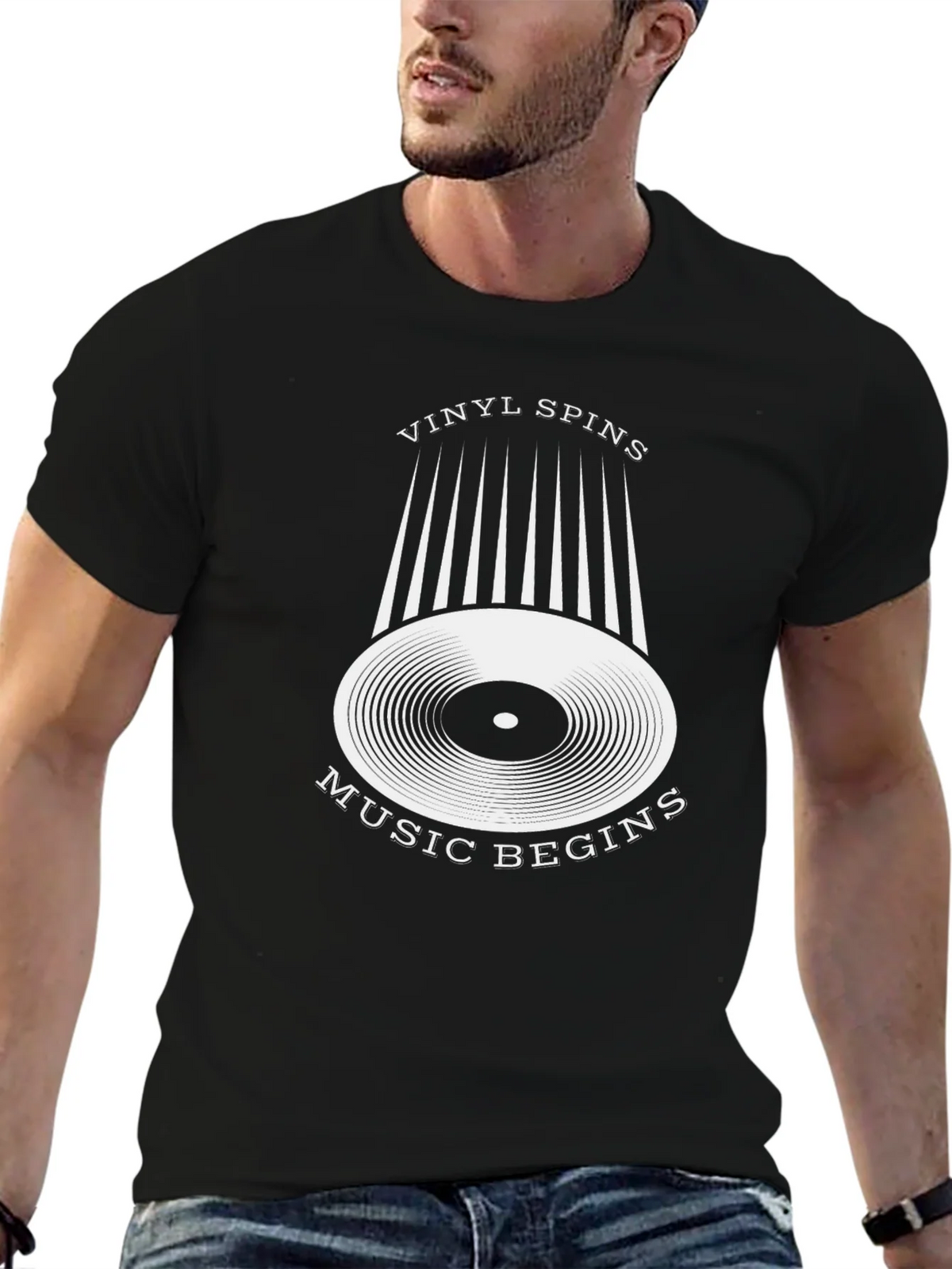 Vinyl Spins Music Begins Black Graphic Tee product image 6