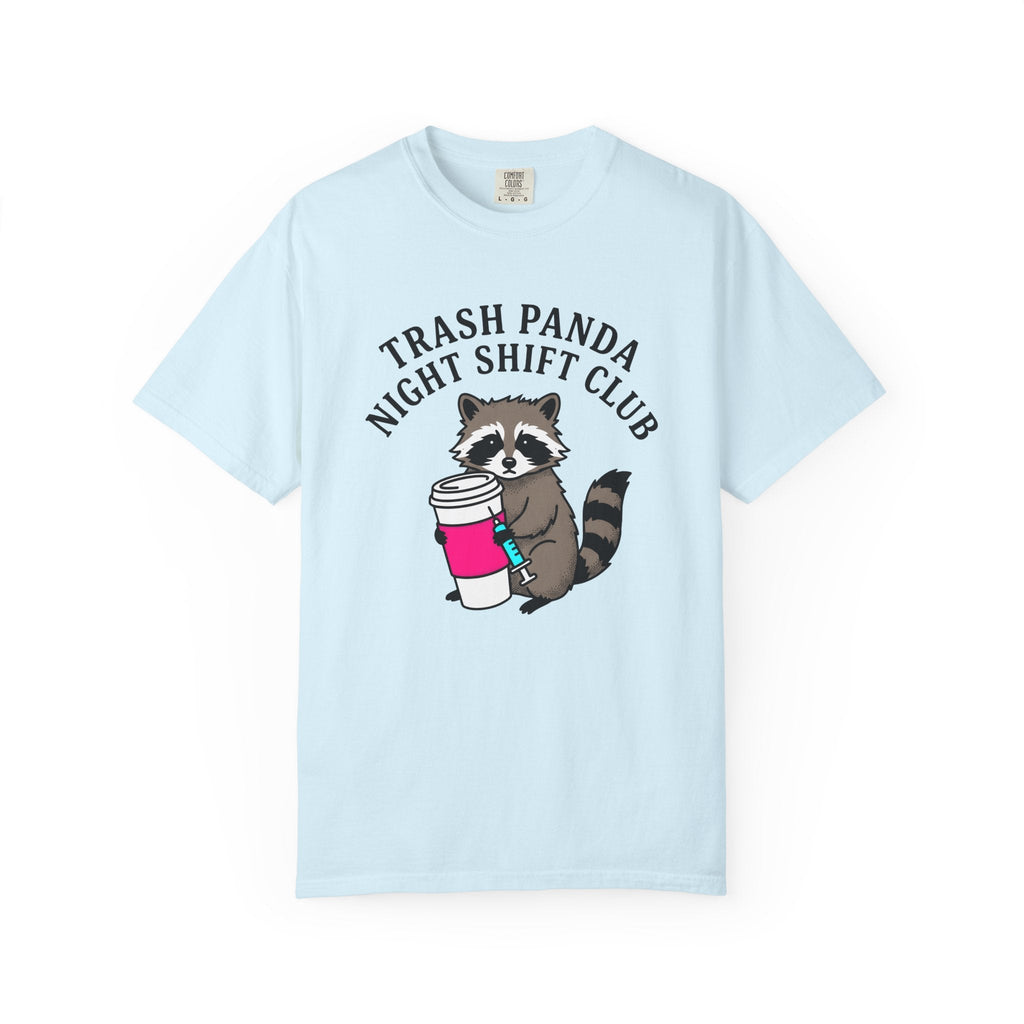 Raccoon Coffee Mug Comic T-Shirt – Funny Nurse Wildlife Caffeine, Unisex Graphic Tee