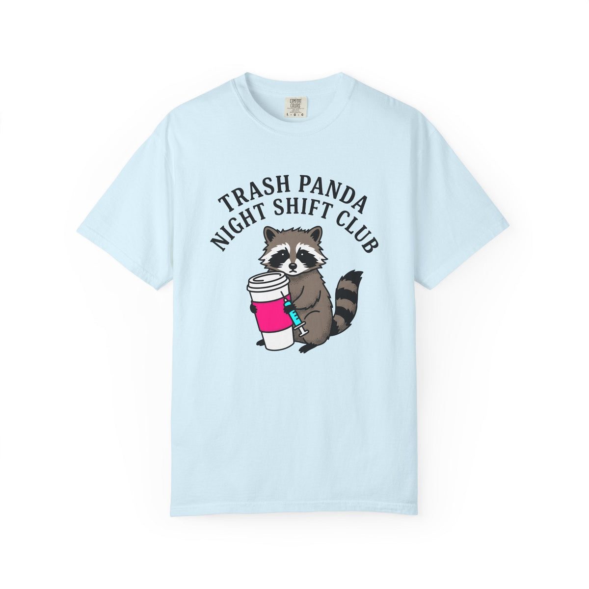 Raccoon Coffee Mug Comic T-Shirt – Funny Nurse Wildlife Caffeine, Unisex Graphic Tee