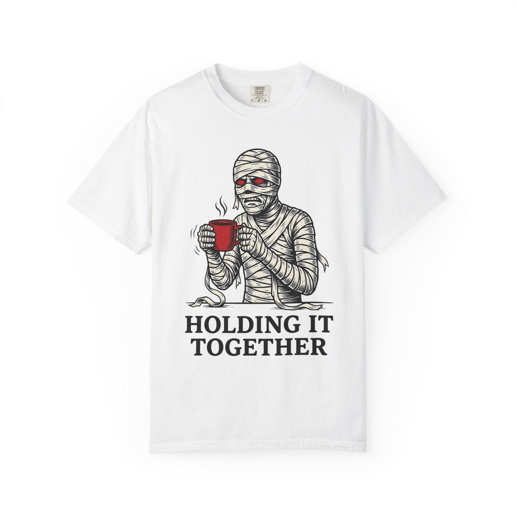 Bandaged Coffee Cup Cartoon T-Shirt – Halloween Caffeine Lover Mummy, Unisex Graphic Tee