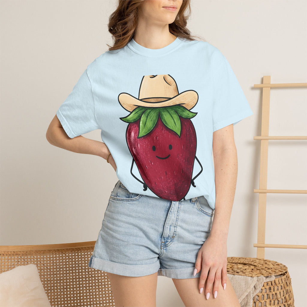 Strawberry Cowboy Shirt Cowgirl Fruit Gift Women Cartoon Tee Cowboy T-Shirt Rodeo Fan Comic Tshirt Berry Illustration Doodle Cowboy Hat