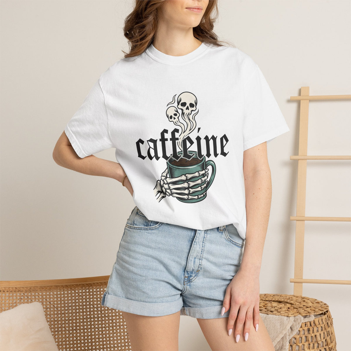 Skull Hand Coffee Mug Spooky T-Shirt – Halloween Horror Caffeine Lover, Unisex Graphic Tee