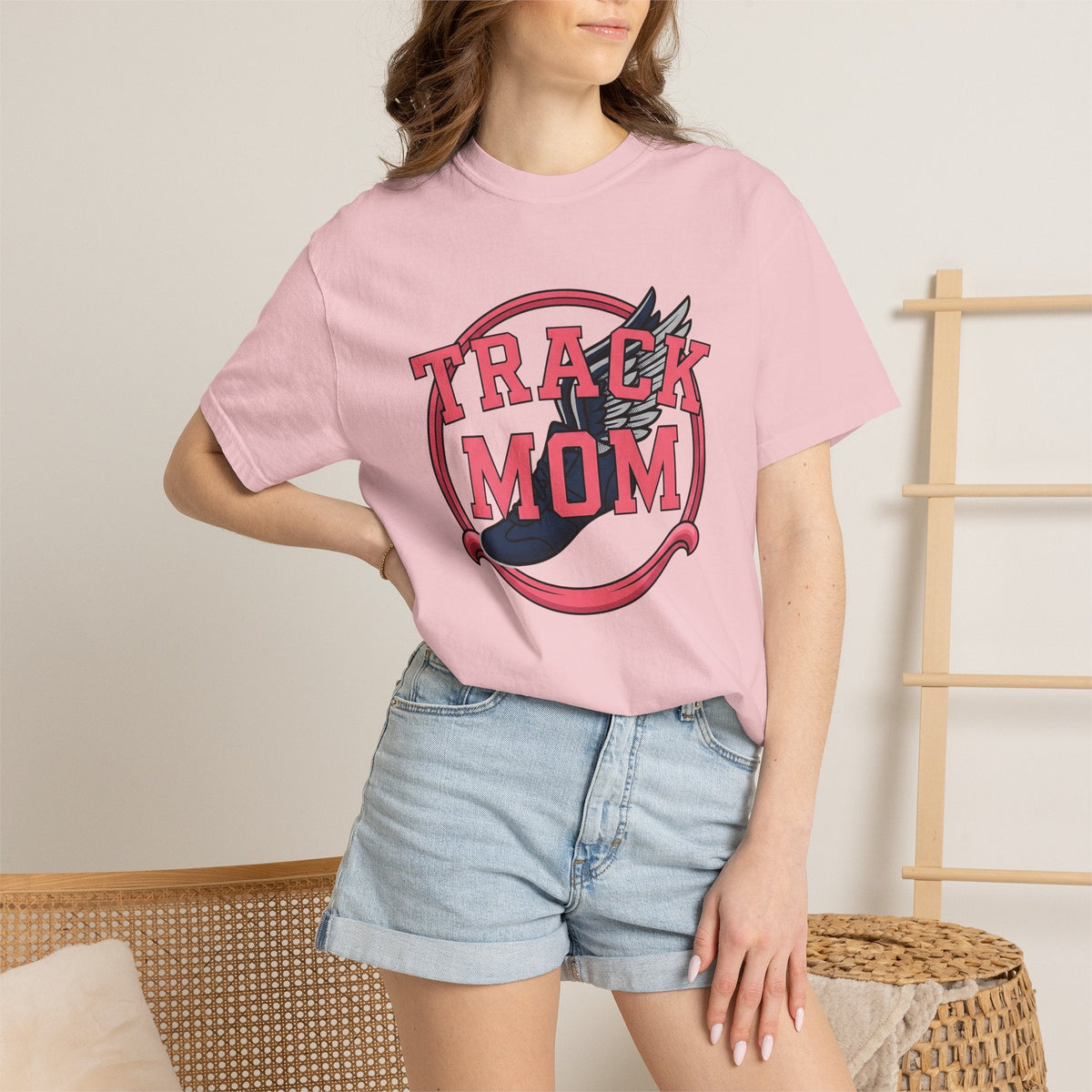 Winged Running Shoes Cartoon T-Shirt – Track Mom Fitness Design, Women Graphic Tee