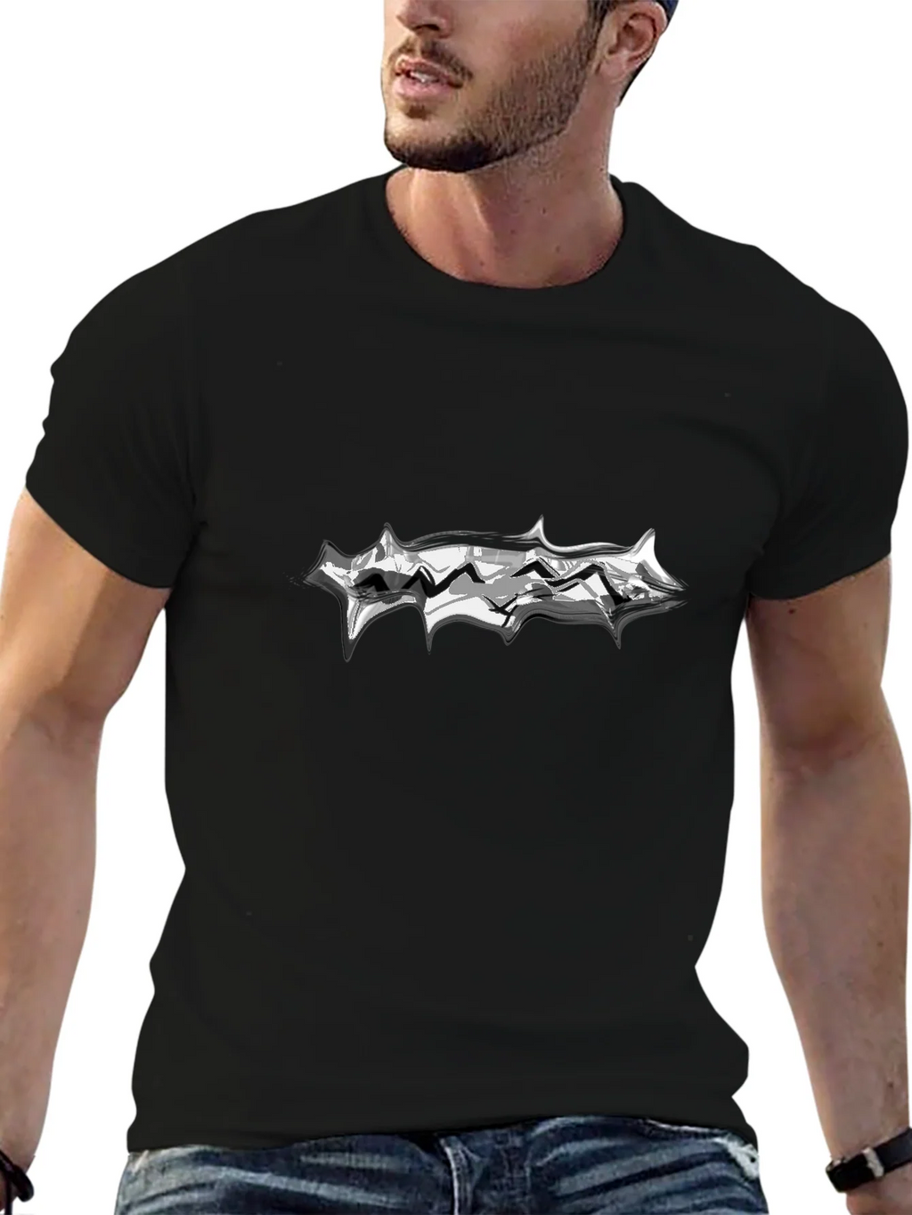 Mens Black T-Shirt with Abstract Silver Graphic product image 6