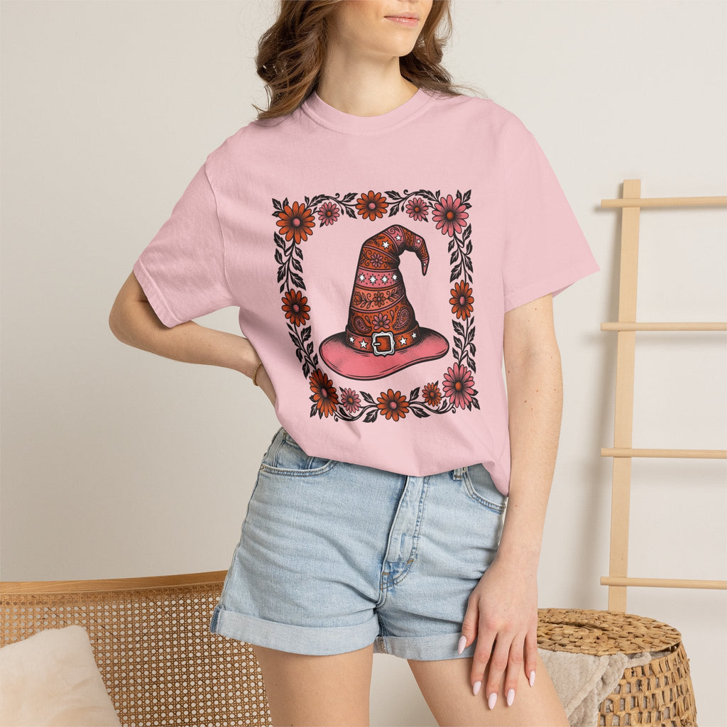 Witch Hat Bouquet Line Art T-Shirt – Floral Halloween Magic Design, Unisex Graphic Tee