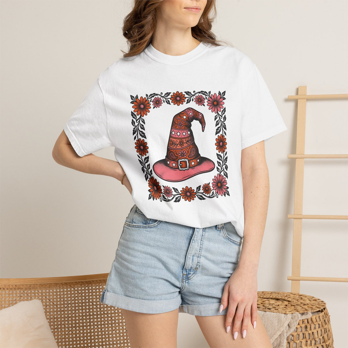 Witch Hat Bouquet Line Art T-Shirt – Floral Halloween Magic Design, Unisex Graphic Tee