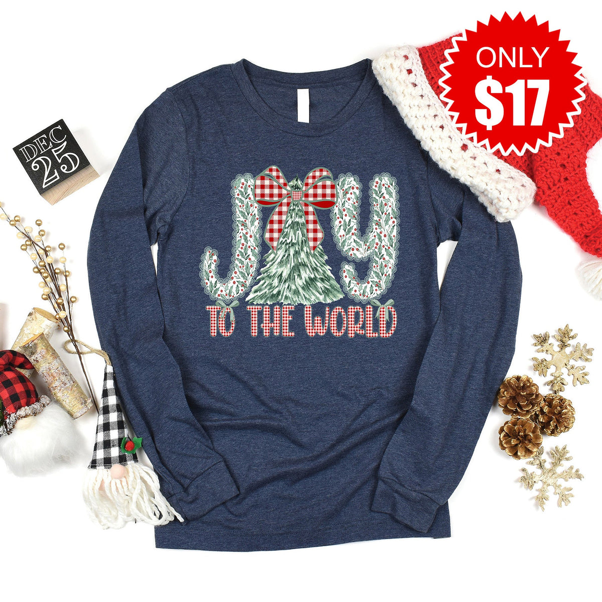 Joy to the World Christmas Tree Long Sleeve - Heather Navy product image 1