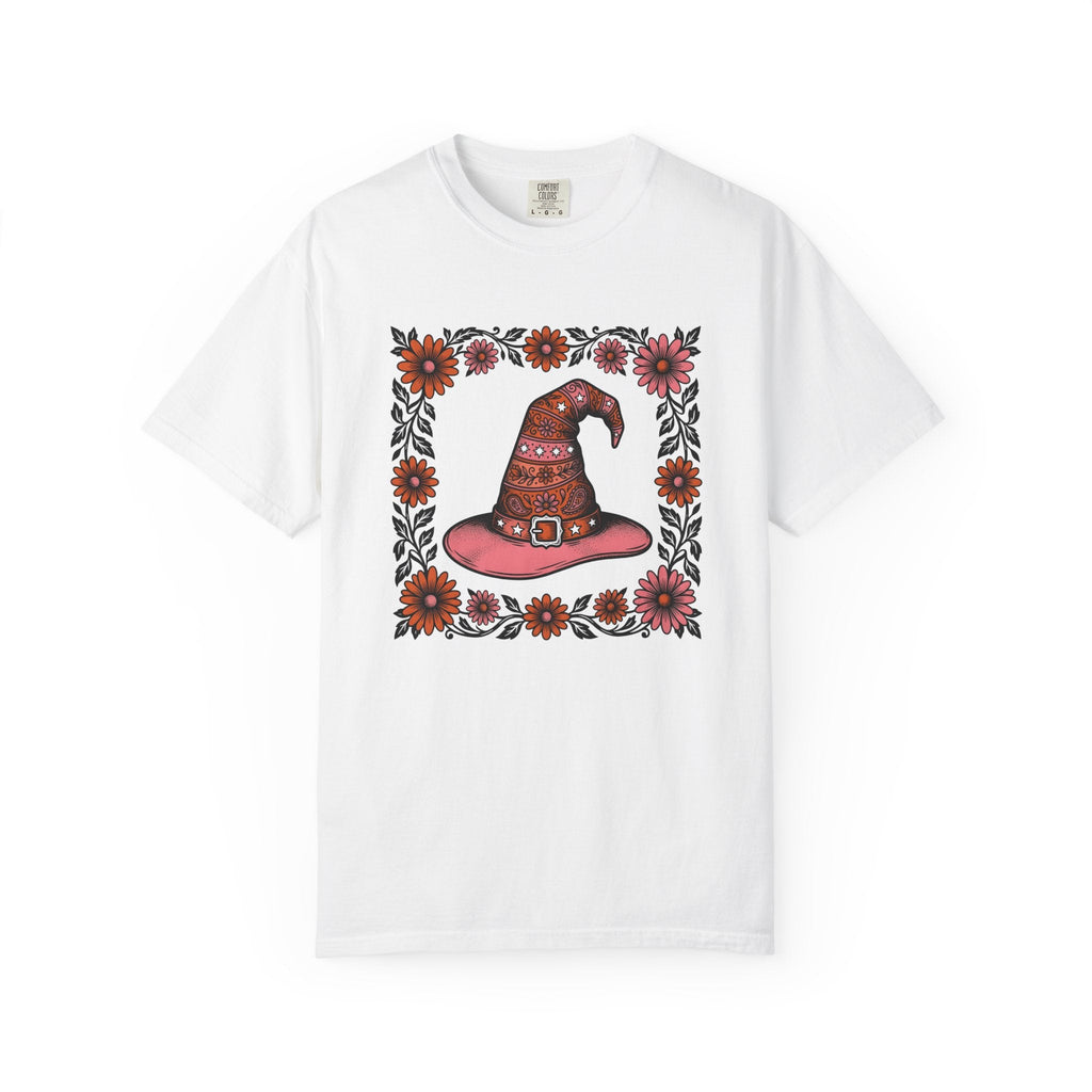 Witch Hat Bouquet Line Art T-Shirt – Floral Halloween Magic Design, Unisex Graphic Tee