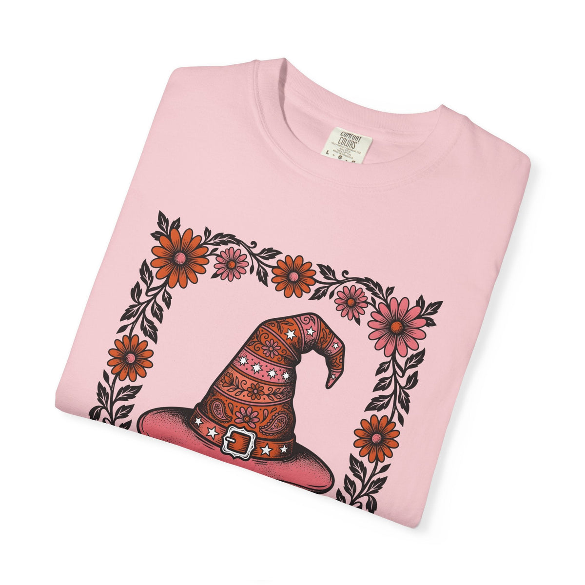 Witch Hat Bouquet Line Art T-Shirt – Floral Halloween Magic Design, Unisex Graphic Tee