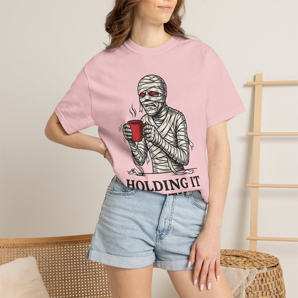 Bandaged Coffee Cup Cartoon T-Shirt – Halloween Caffeine Lover Mummy, Unisex Graphic Tee