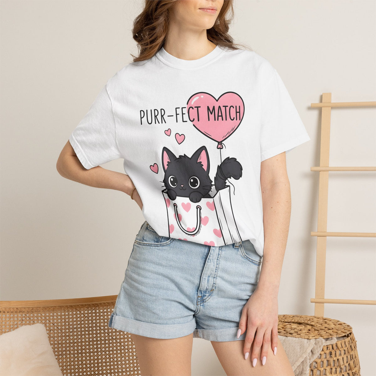 Black Cat Whimsical T-Shirt – Valentine's Day Kitty Line product image 6