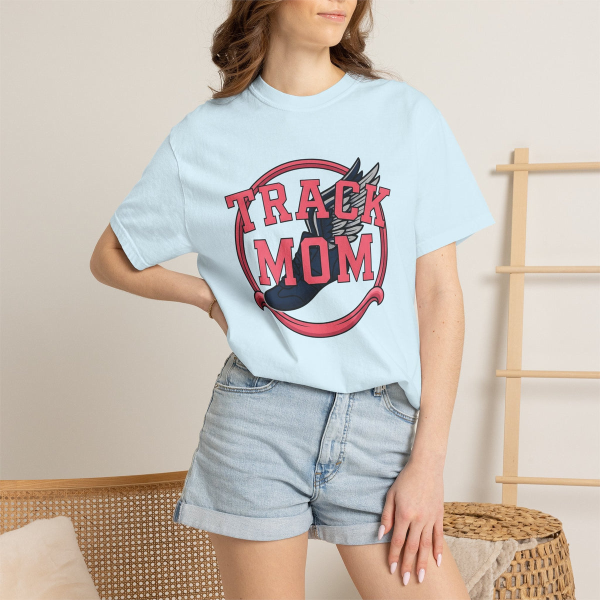 Winged Running Shoes Cartoon T-Shirt – Track Mom Fitness Design, Women Graphic Tee