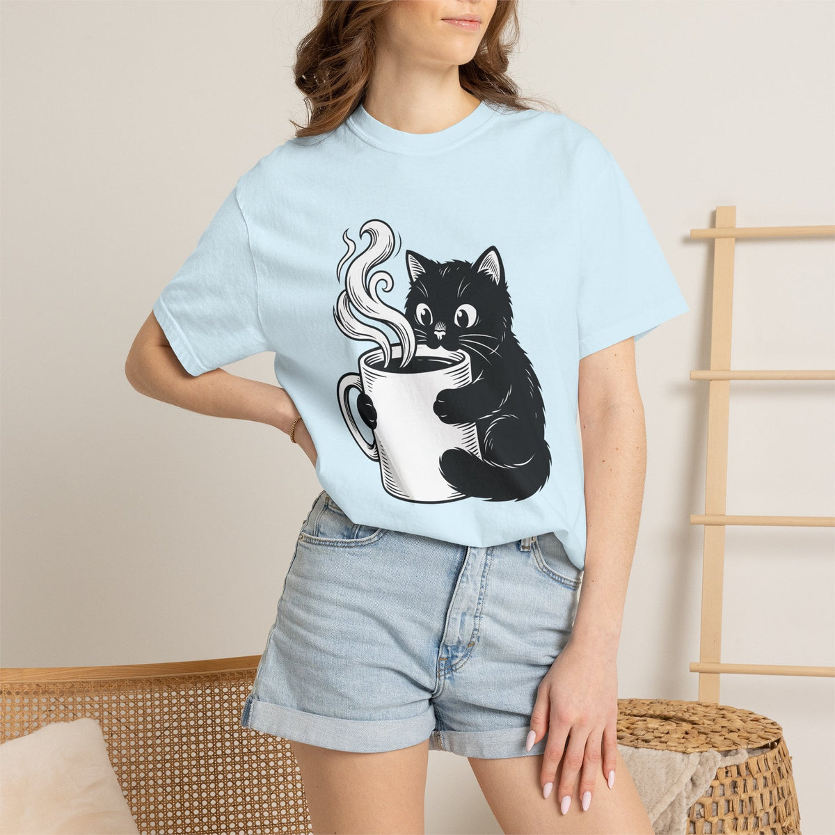 Black Feline Mug Shirt Cat Cappuccino Unisex Gift Cartoon Tee Cat T-Shirt Cat