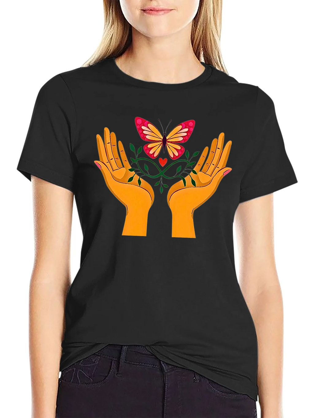 Butterfly Hands Graphic Tee - Black Cotton T-Shirt product image 2