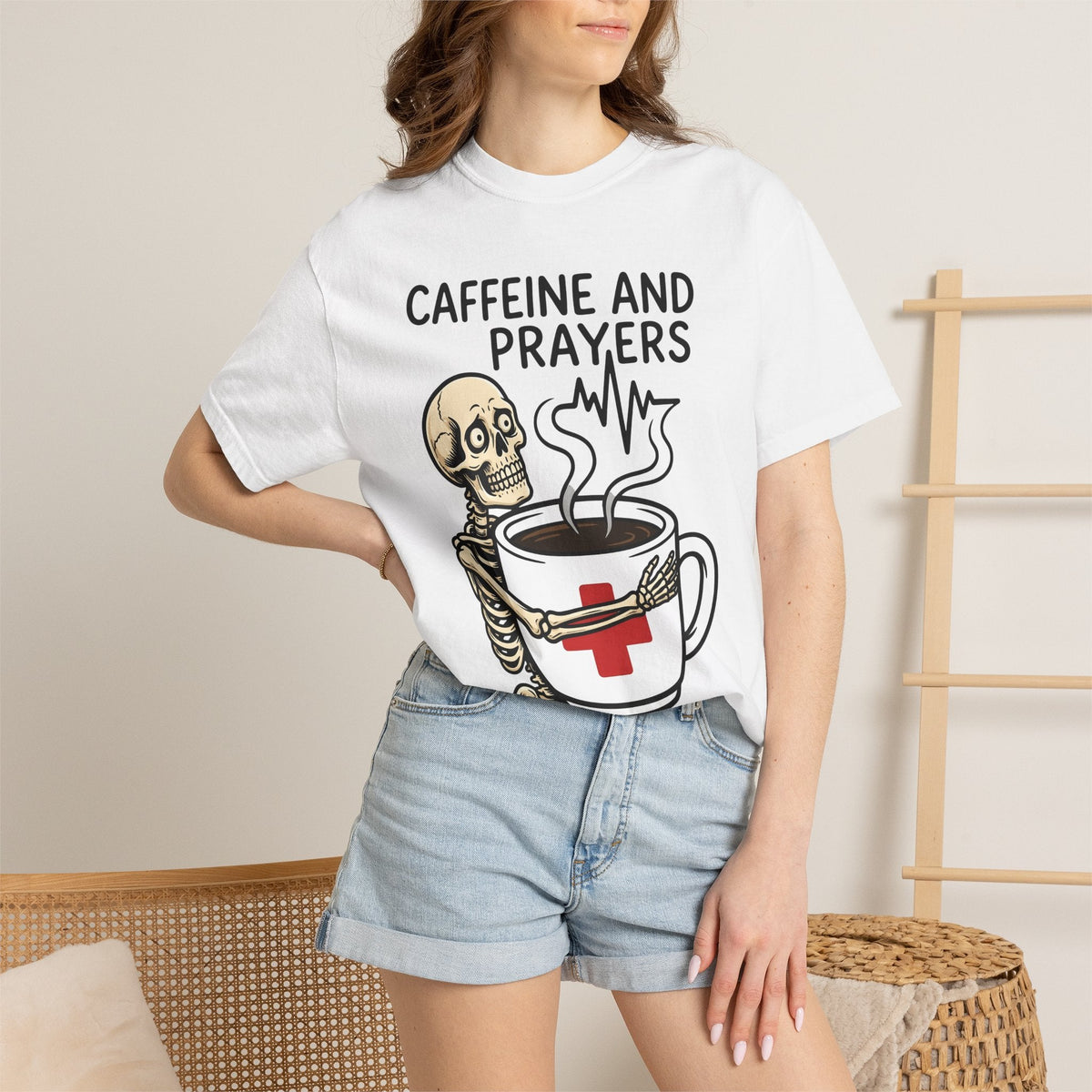 Skeleton Coffee Cup Cartoon T-Shirt – Funny Nurse Halloween Caffeine, Unisex Graphic Tee