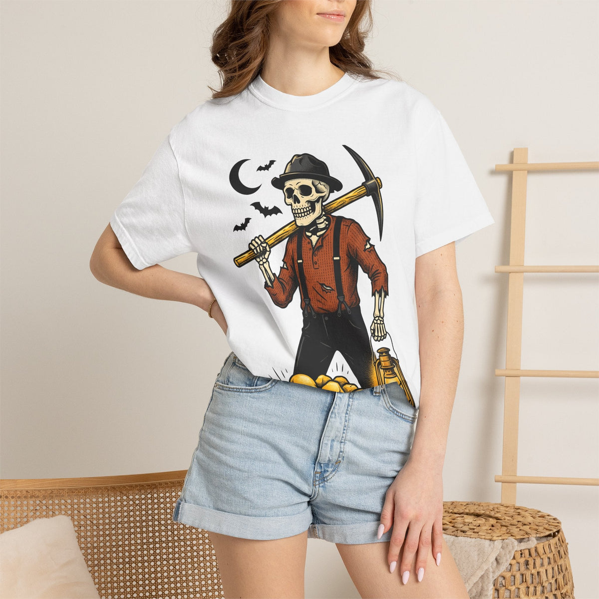 Skeleton Miner Shirt Halloween Dark Unisex Gift Retro Tee product image 6
