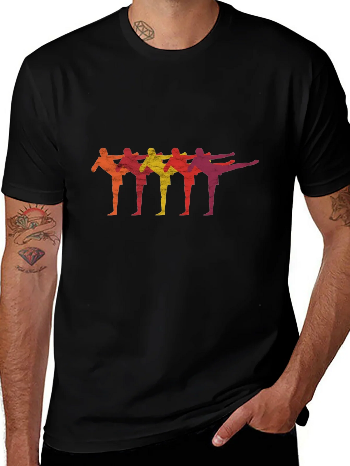 Retro Martial Arts Kick Line Black T-Shirt product image 1