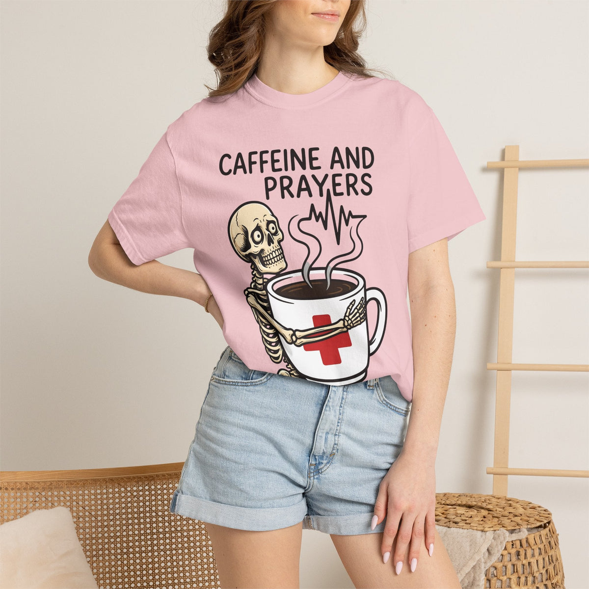 Skeleton Coffee Cup Cartoon T-Shirt – Funny Nurse Halloween Caffeine, Unisex Graphic Tee