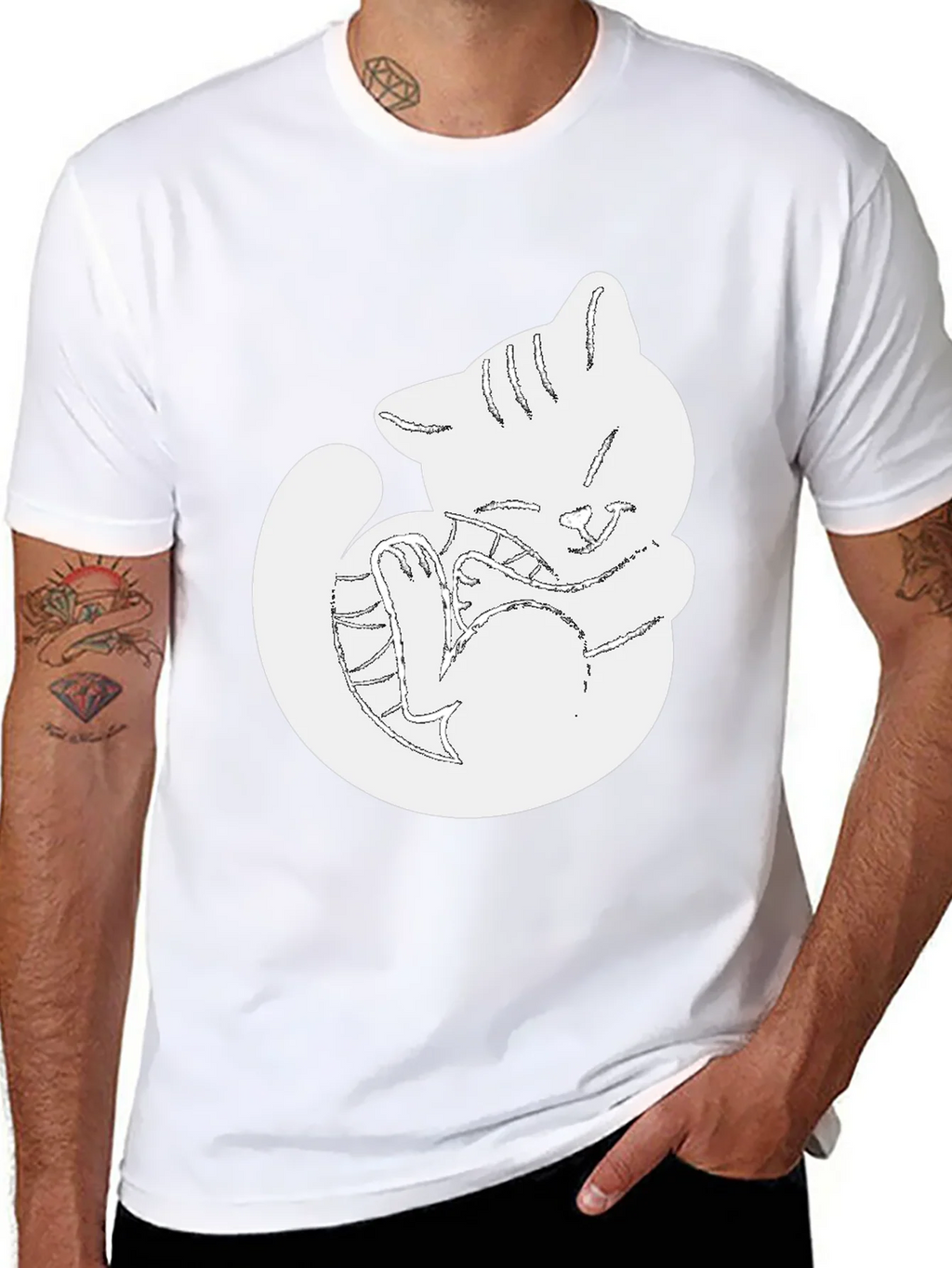 Cute Cat Outline Black T-Shirt product image 7