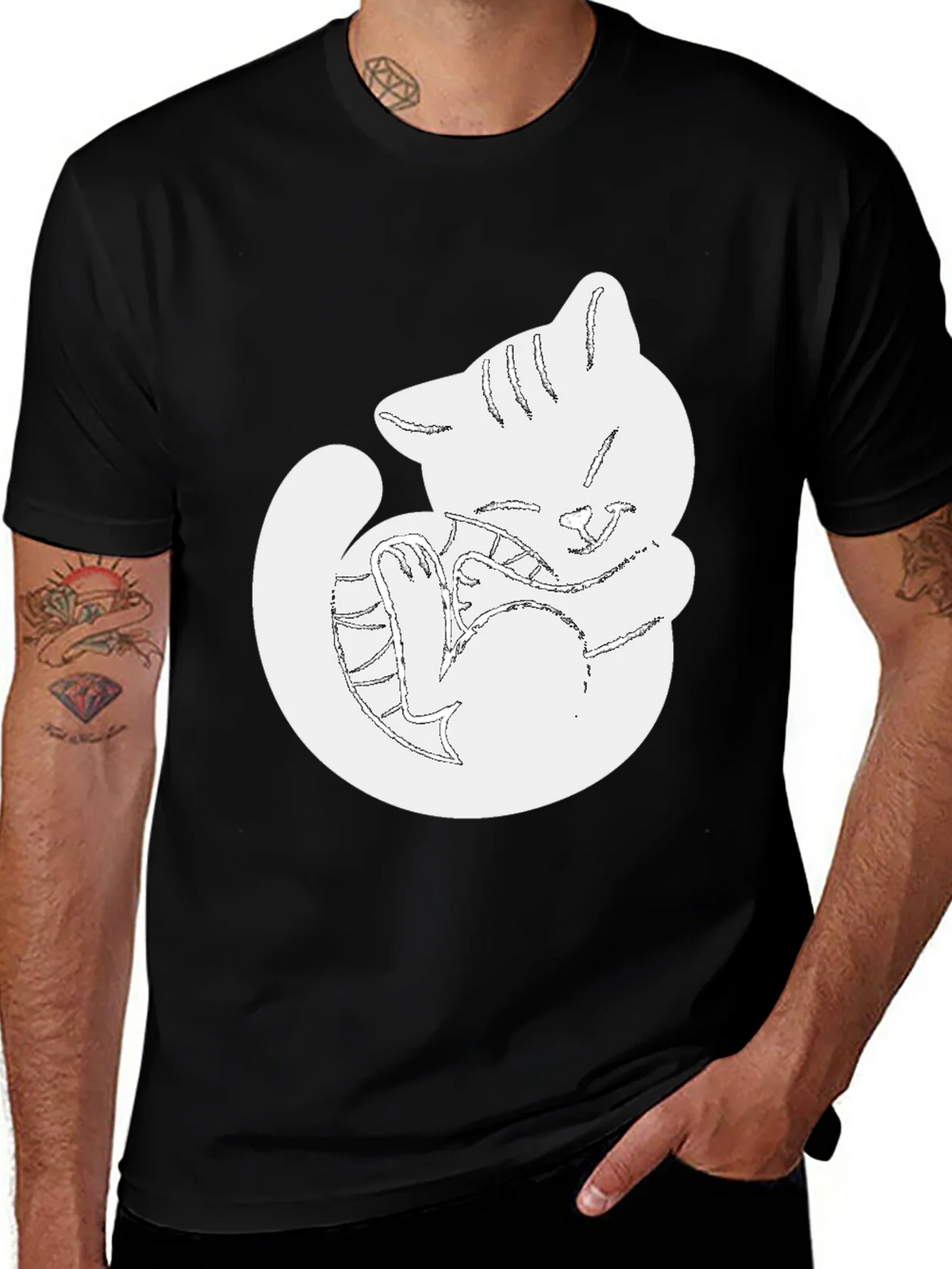 Cute Cat Outline Black T-Shirt product image 1