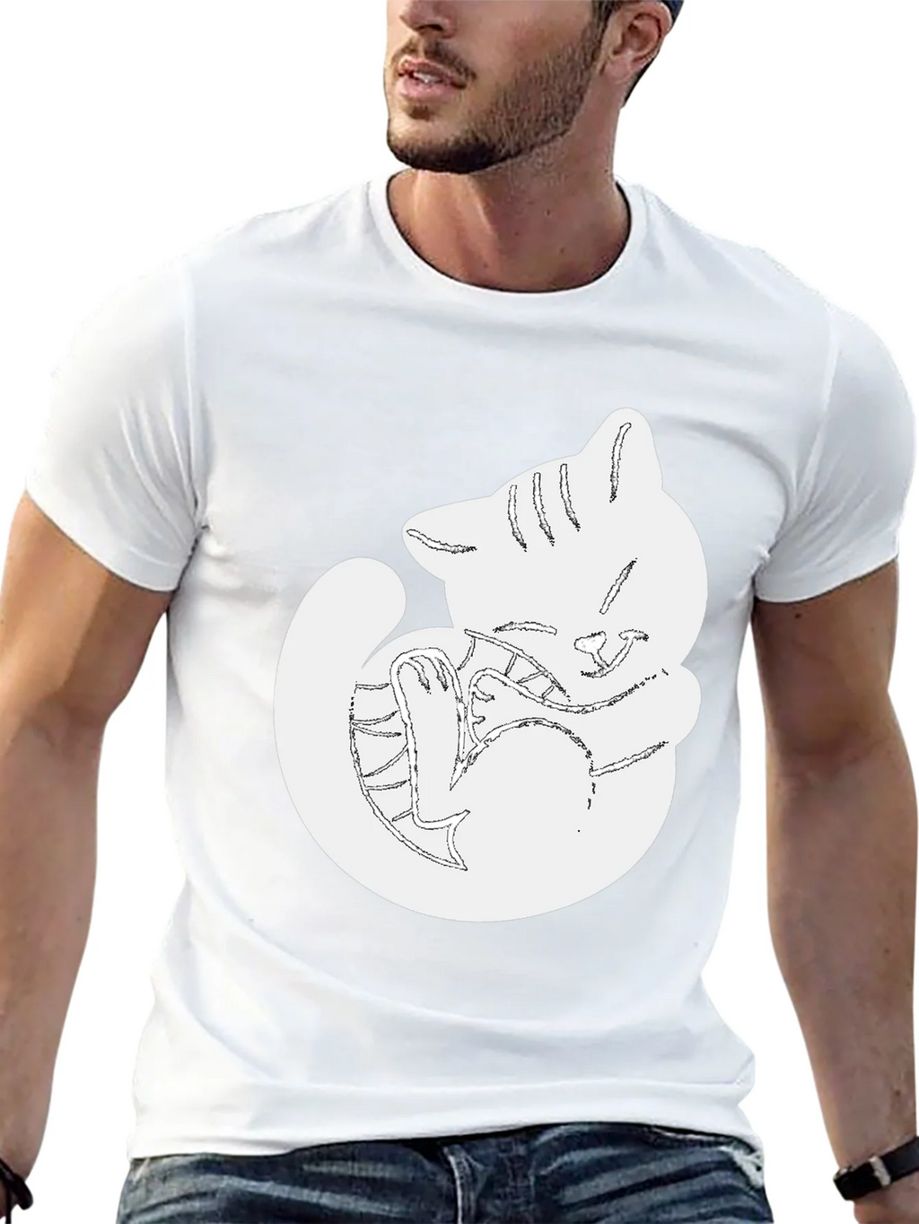 Cute Cat Outline Black T-Shirt product image 12