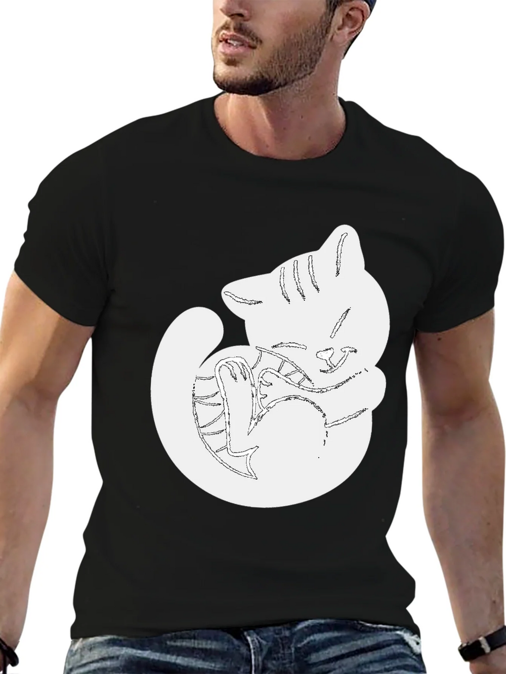 Cute Cat Outline Black T-Shirt product image 6