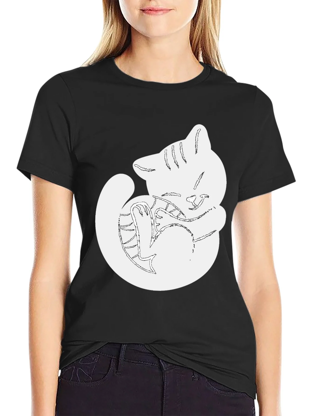 Cute Cat Outline Black T-Shirt product image 2