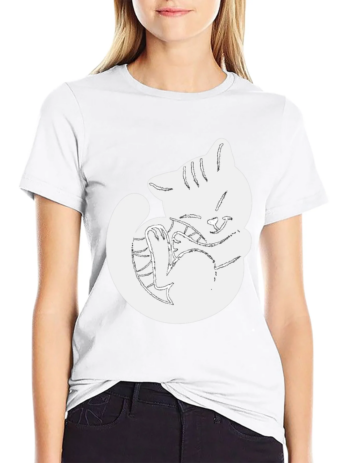 Cute Cat Outline Black T-Shirt product image 8