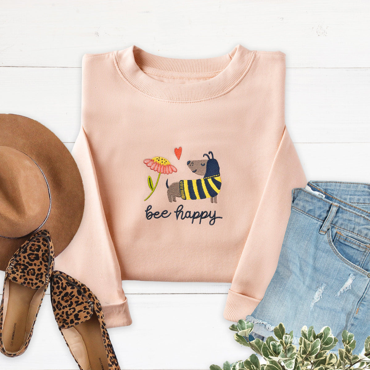Bee Happy Embroidered Crewneck Sweatshirt
