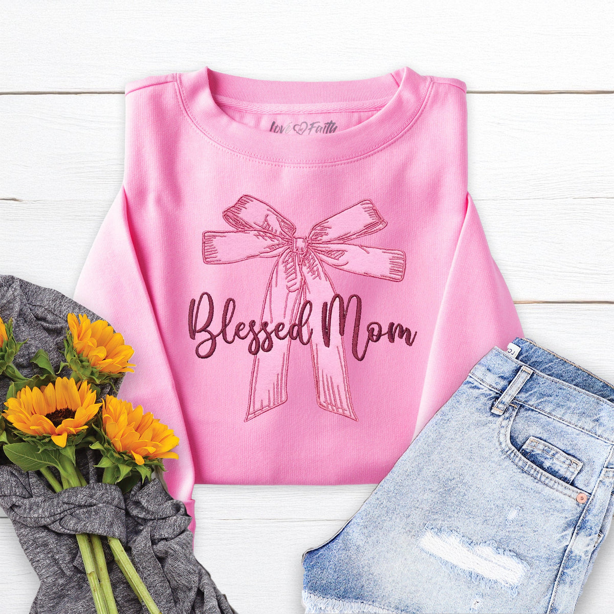 Blessed Mom Bow Embroidered Crewneck Sweatshirt product image 1