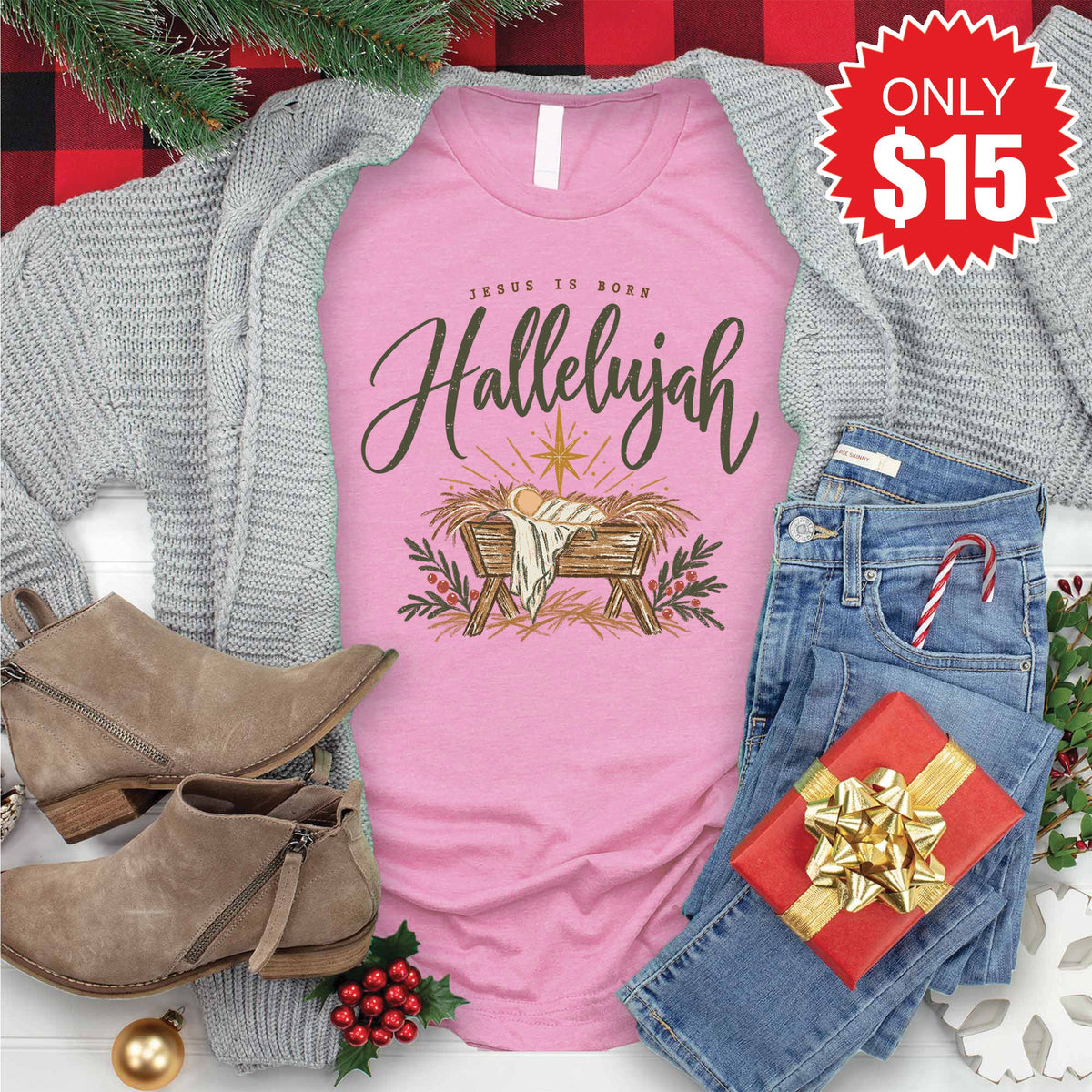 Jesus Is Born Tee - Heather Bubble Gum - 15 product image 1