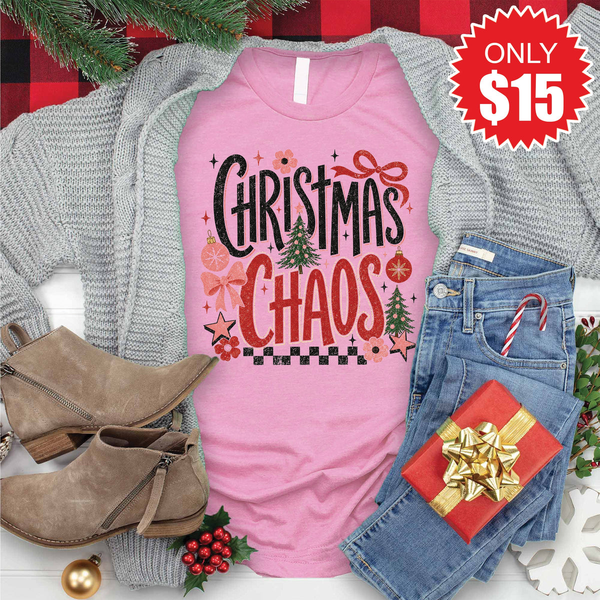 Christmas Chaos Tee - Heather Bubble Gum - 15 product image 1