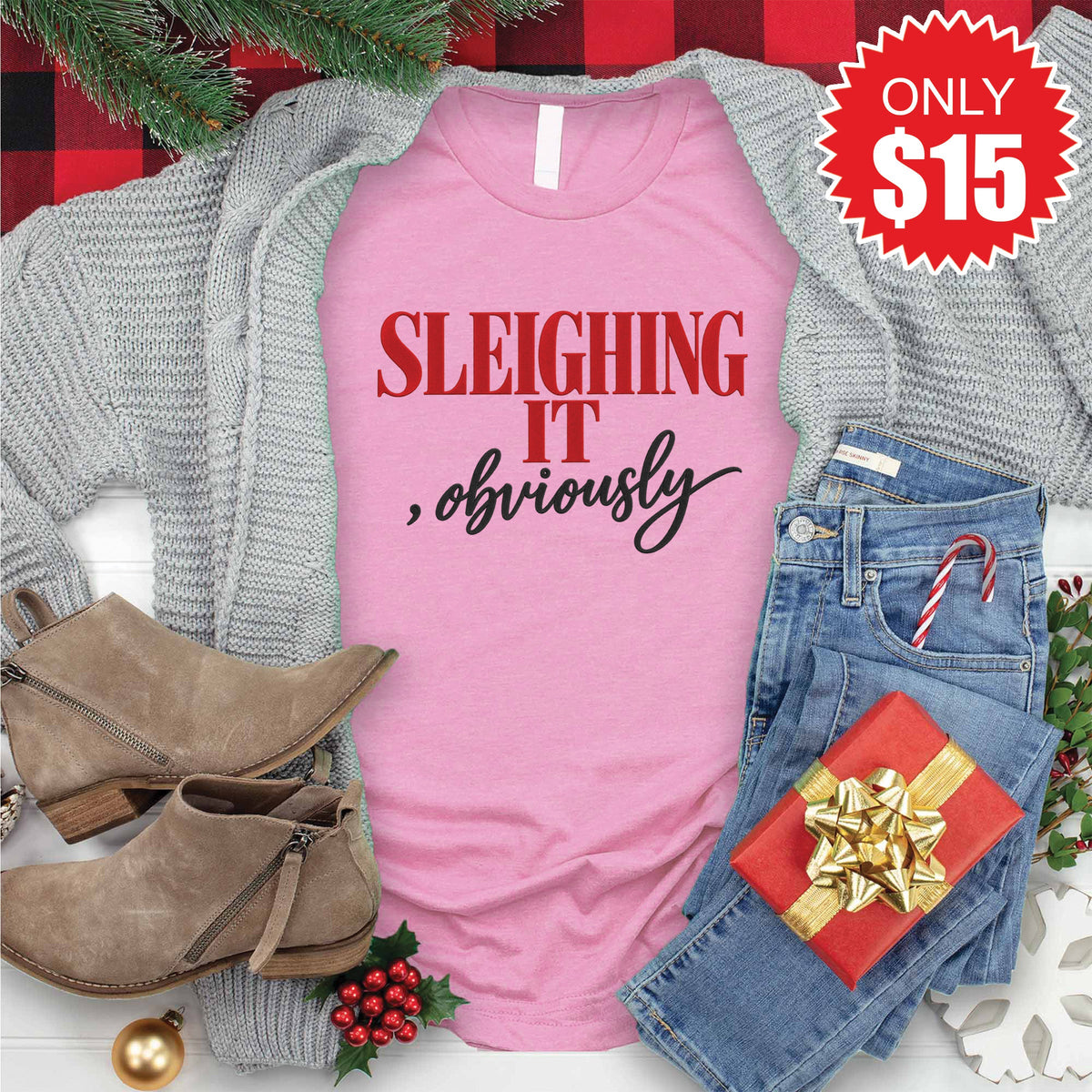 Sleighing It Tee - Heather Bubble Gum - 15 product image 1