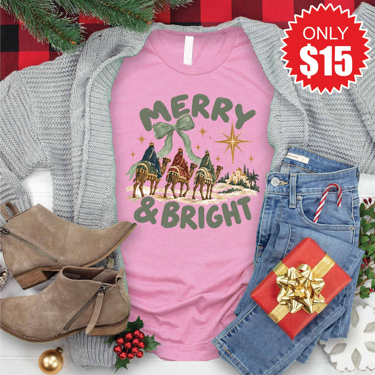 Merry and Bright Tee - Heather Bubble Gum - 15 product image 1