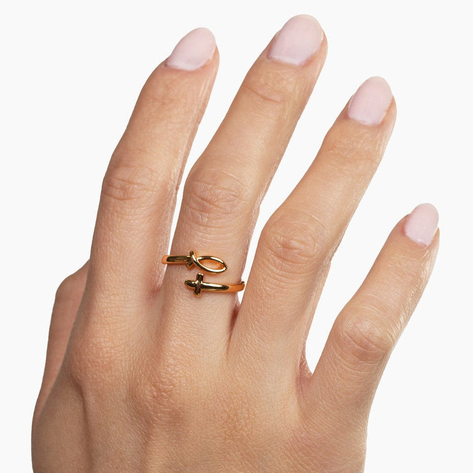 Fish and Cross with 18K Gold Plated Stainless Steel Ring