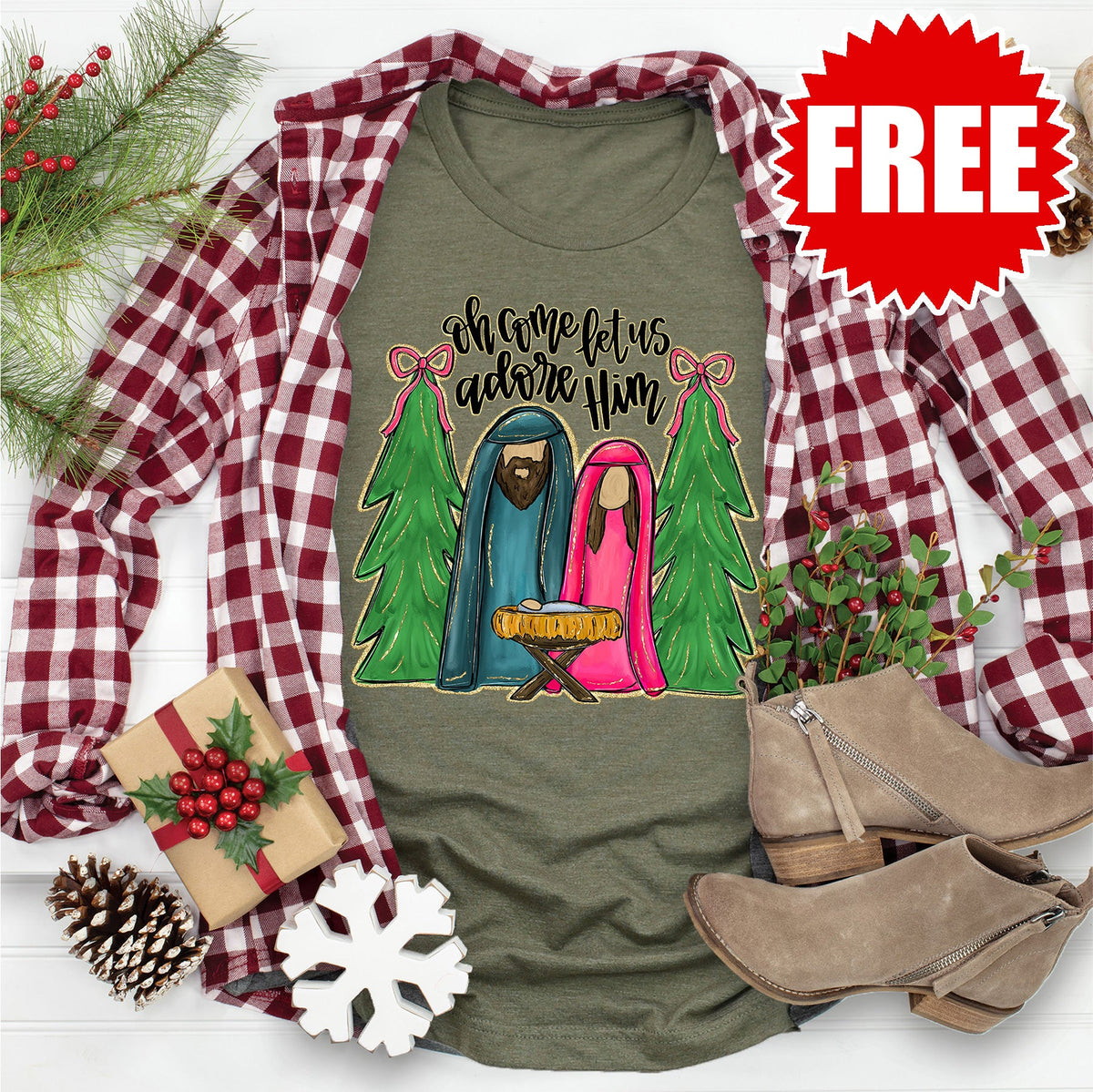 Adore Him Manger Tee - Heather Olive - 0
