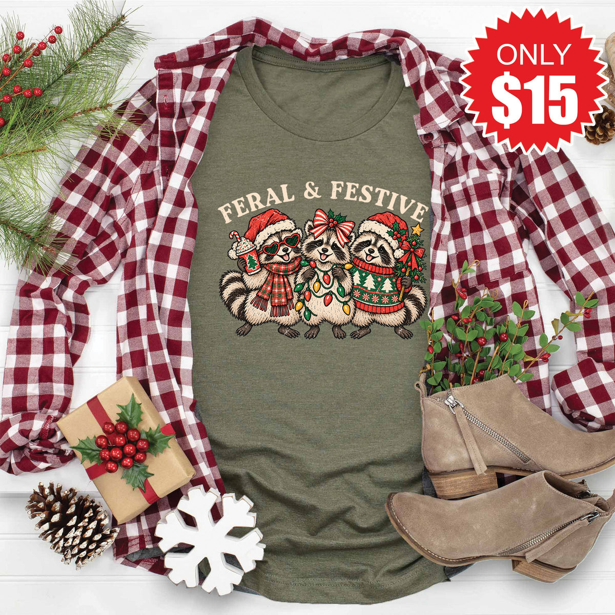 Feral and Festive Tee - Heather Olive - 15 product image 1