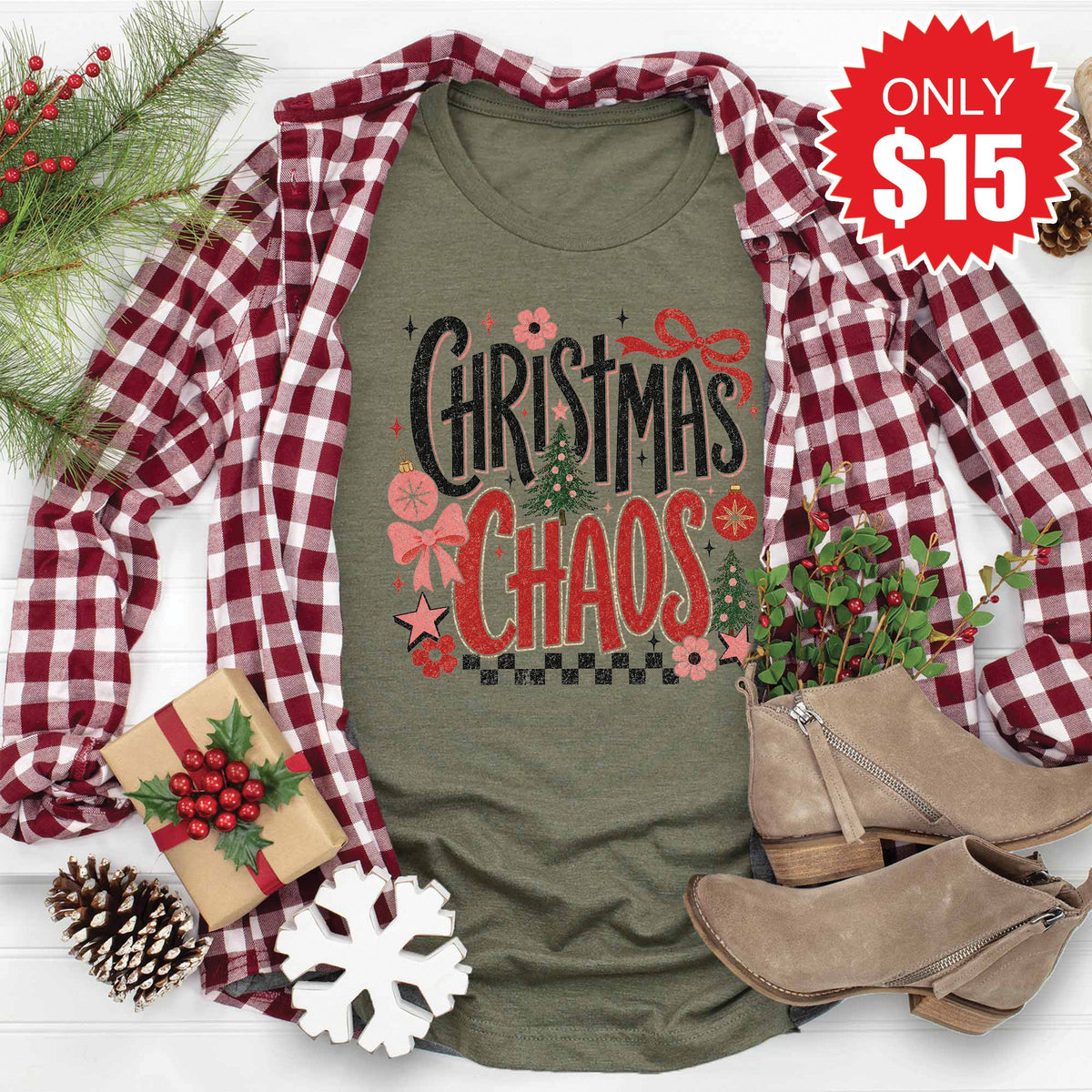 Christmas Chaos Tee - Heather Olive - 15 product image 1