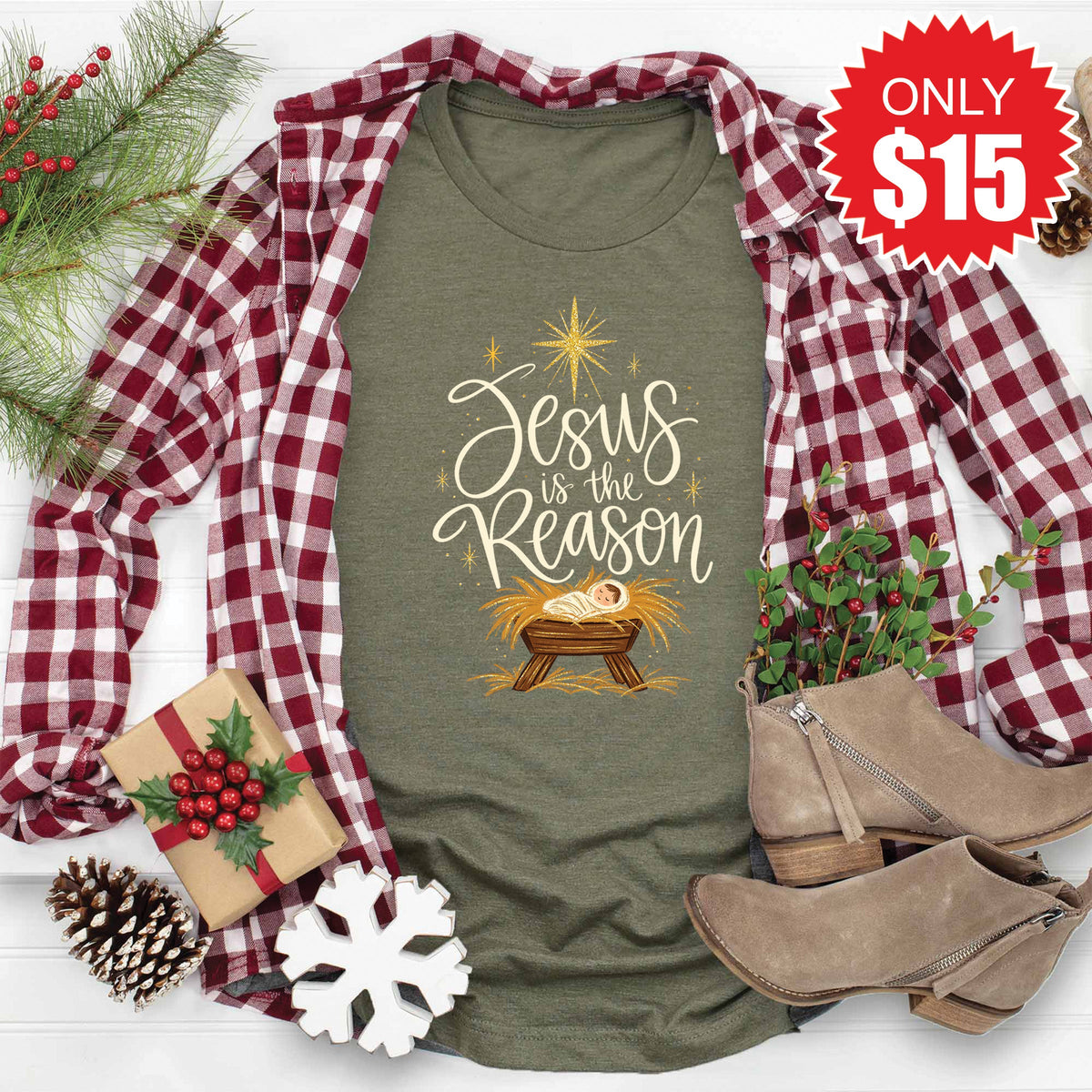 Jesus Is The Reason Tee - Heather Olive - 15 product image 1