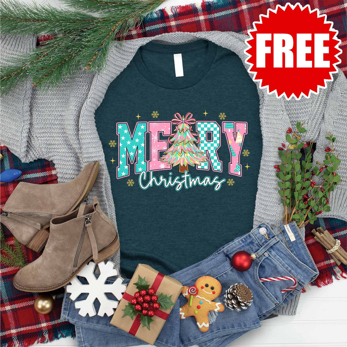 Merry Christmas Varsity Tee - Heather Atlantic - 0