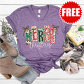 Merry Christmas Colorful V-Neck - Heather Deep Purple - 0