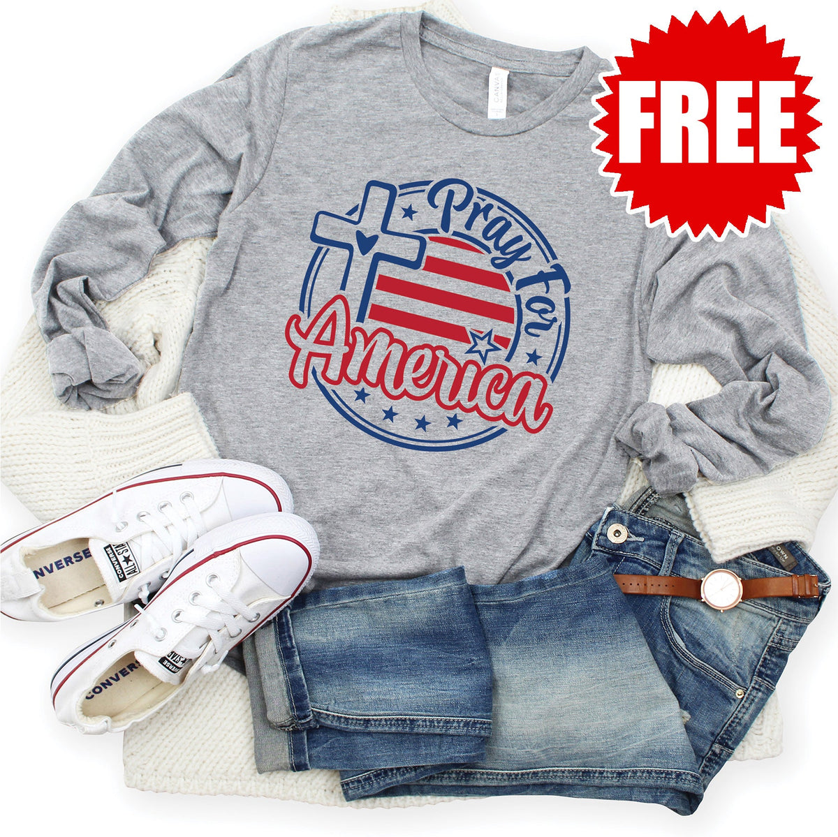Pray for America Cross Long Sleeve - Heather Grey - 0