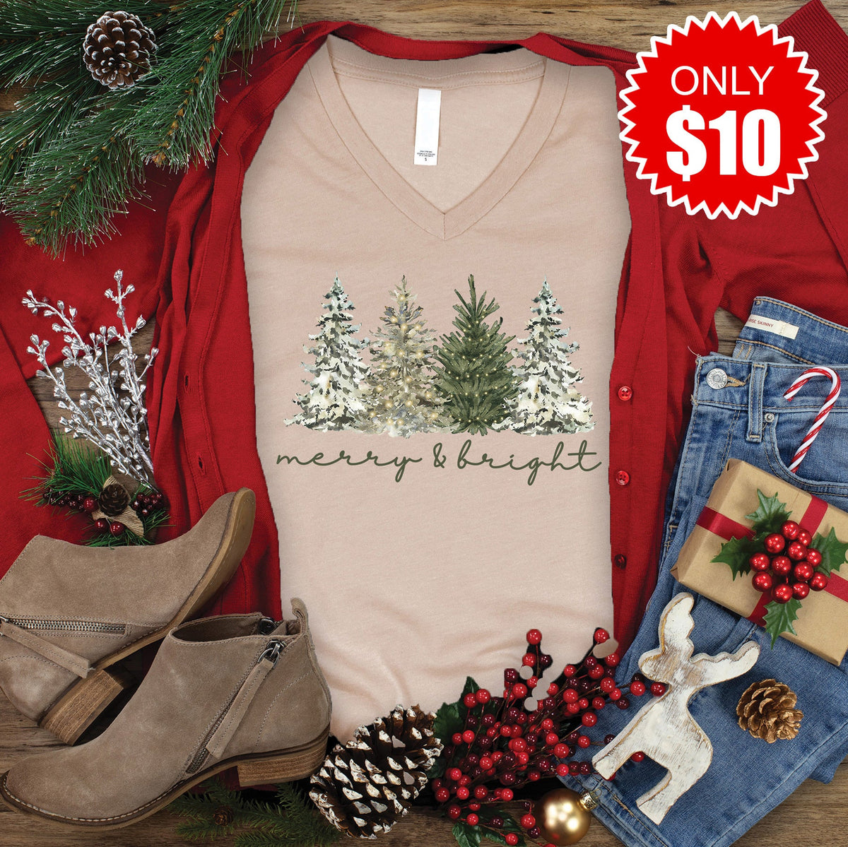 Merry & Bright Trees V-Neck - 10