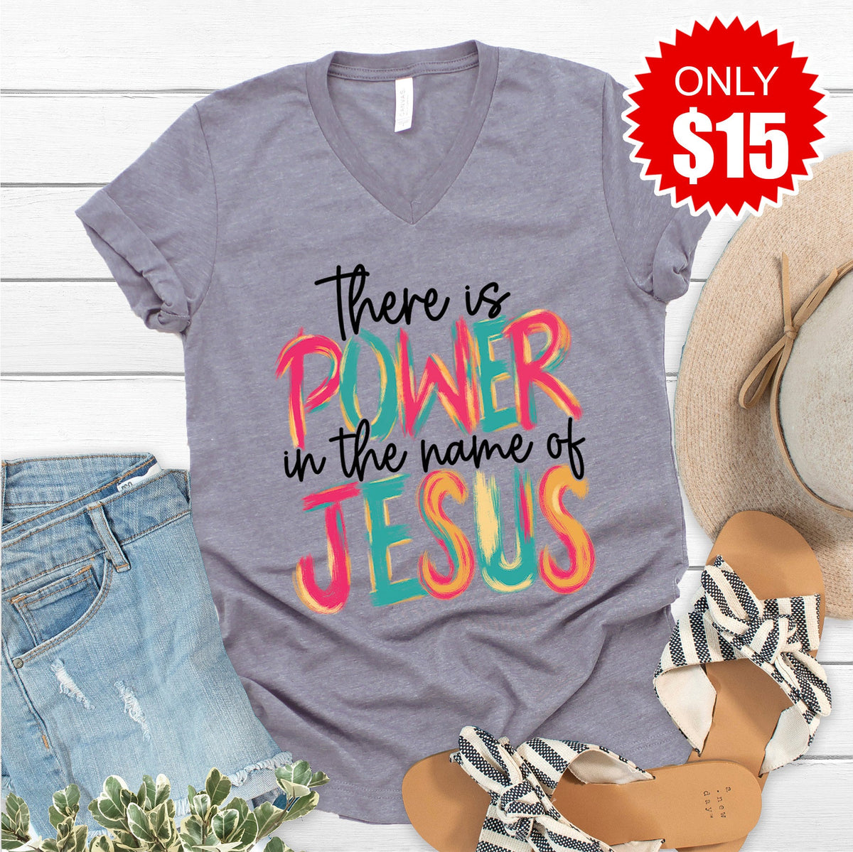 Power In The Name Of Jesus V-Neck - Heather Storm - 15
