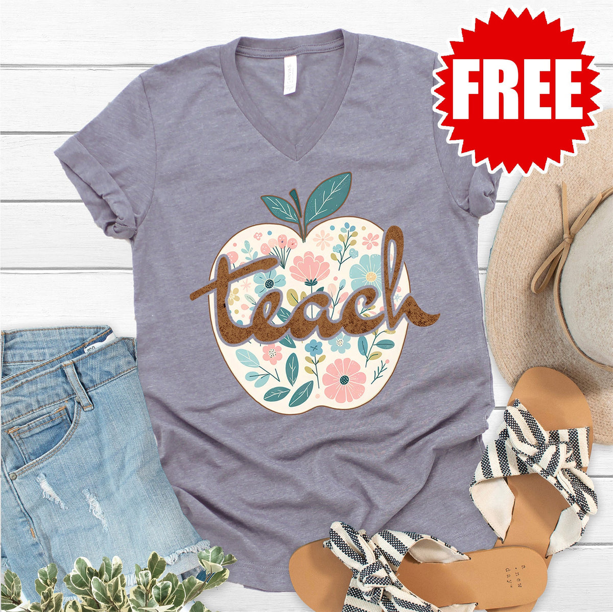 Teacher Apple V-Neck - Heather Storm - 0
