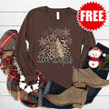 Merry Christmas Leopard Long Sleeve - Heather Brown - 0