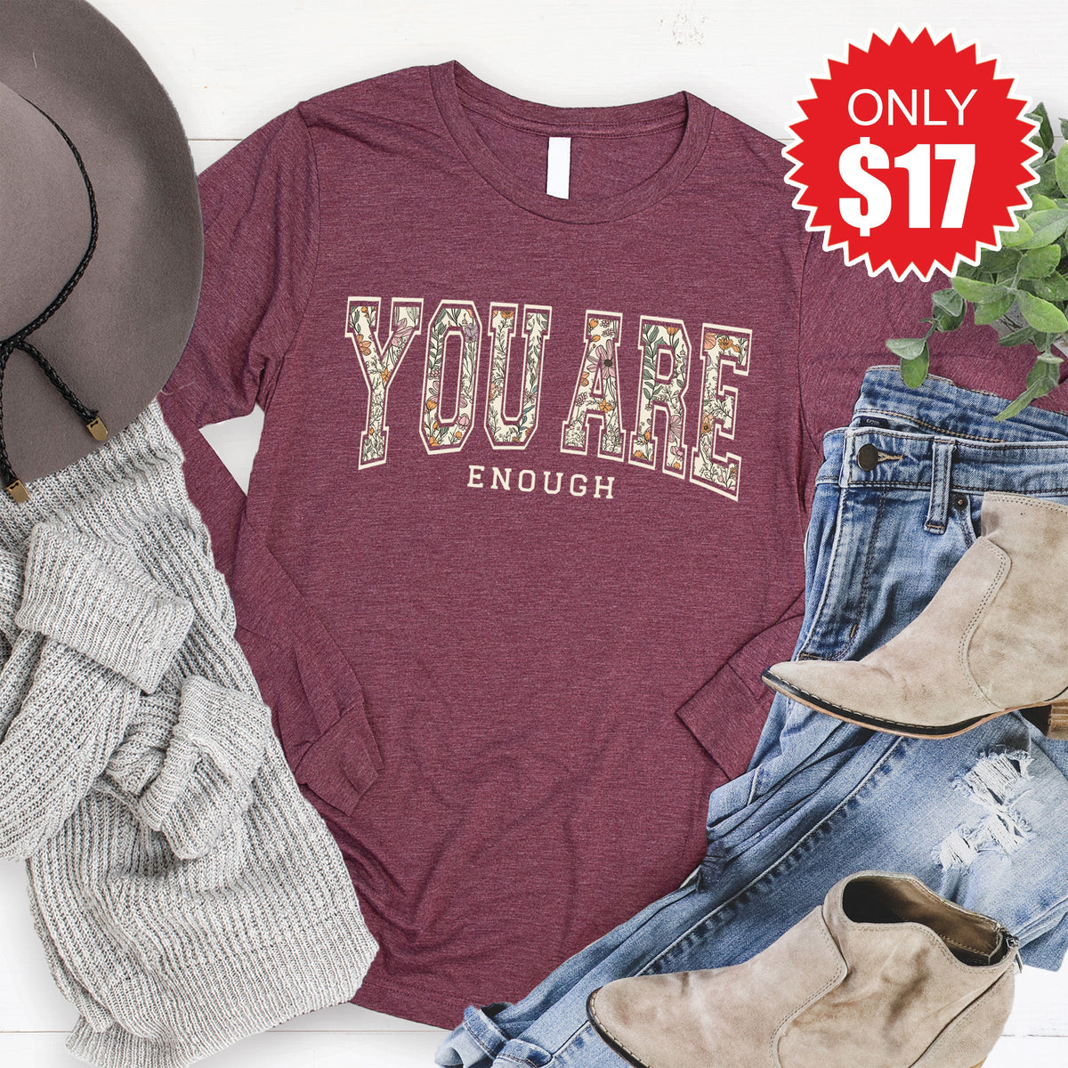 You Are Enough Long Sleeve - Heather Burgundy - 17 product image 1