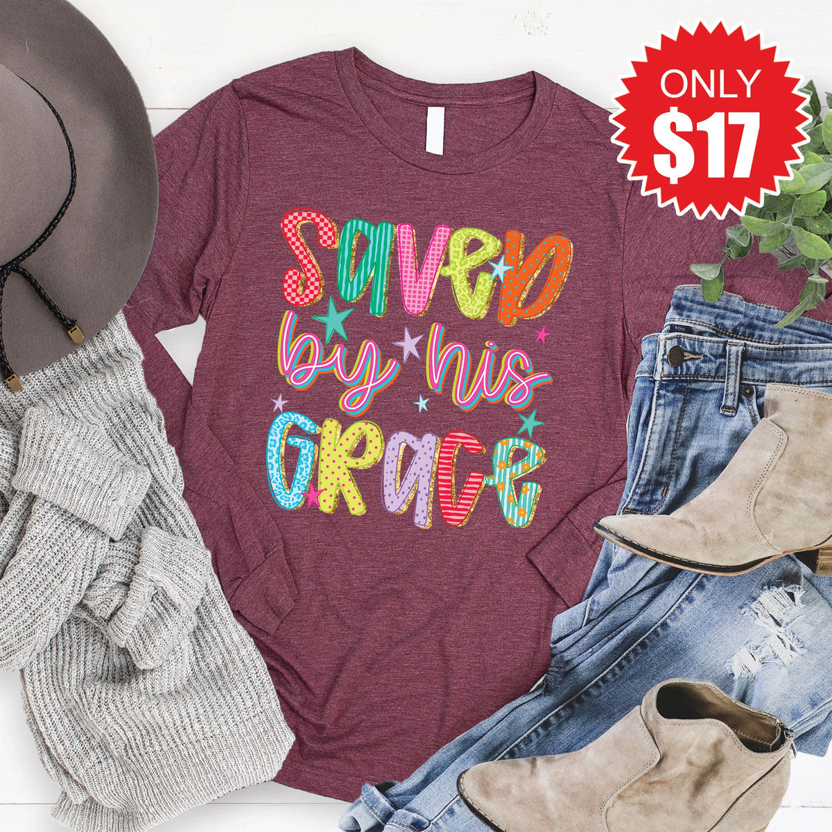 Saved By His Grace Long Sleeve - Heather Burgundy - 17 product image 1