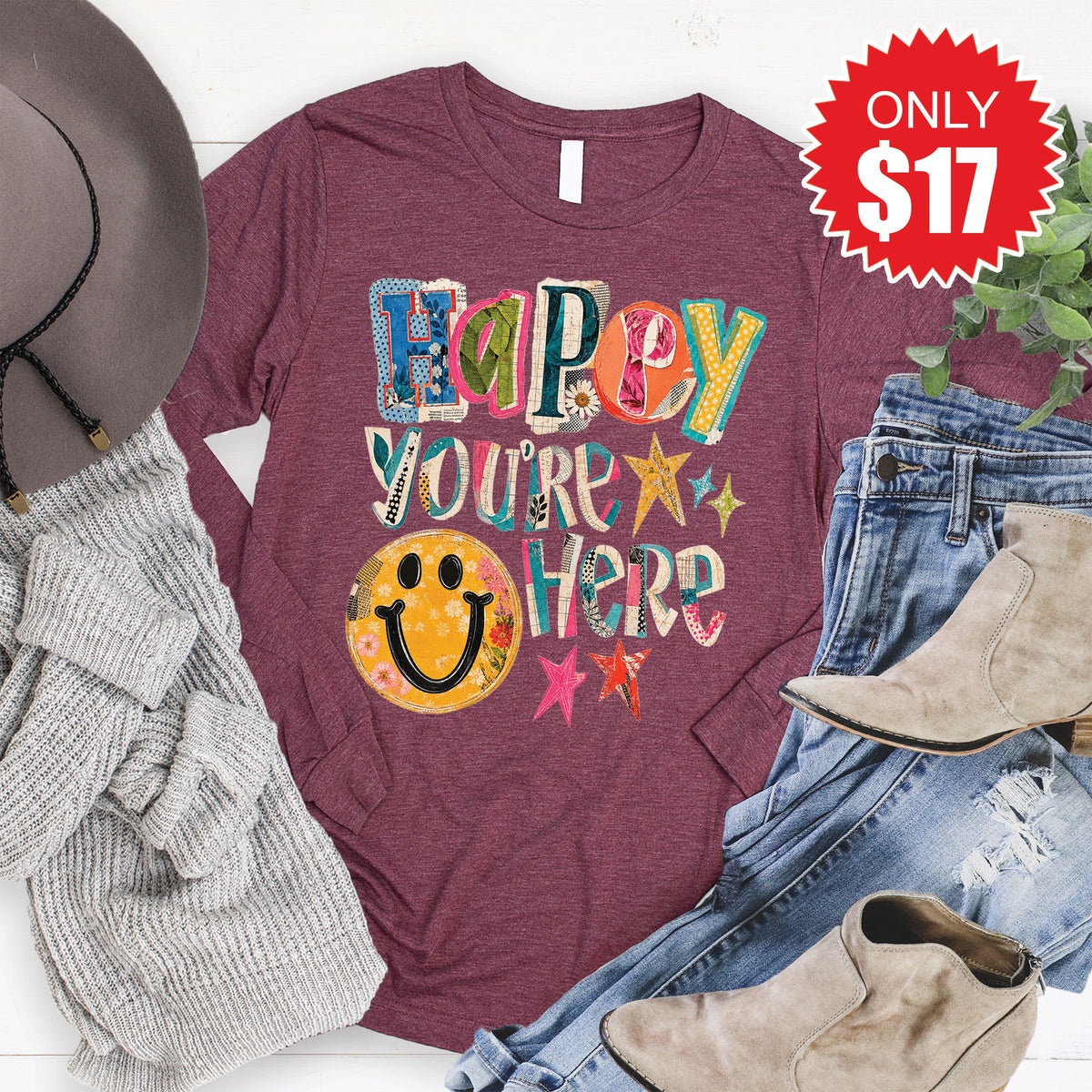 Happy You're Here Long Sleeve - Heather Burgundy - 17 product image 1